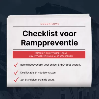 Marineblauwe en rode checklist voor veiligheid bij rampen in krantenstijl