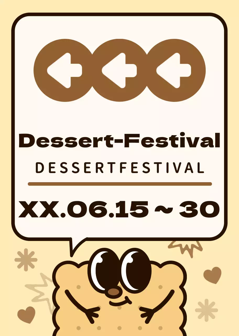 Braunes und rosafarbenes Farbschema Niedliche Keksfiguren und Sprechblasen Illustrationsstil Wegbeschreibung zum Dessertfestival