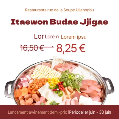 Alimentation Itaewon Budae Jjigae Promouvoir un événement à moitié prix pour célébrer son lancement