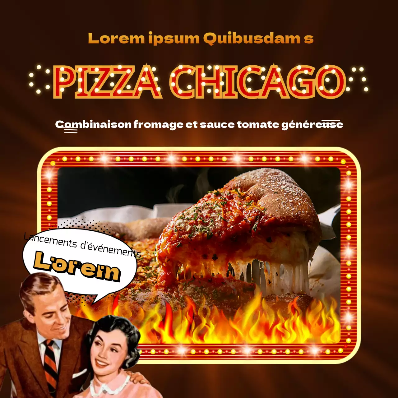 Annonce de l'événement pizza rétro rouge et marron