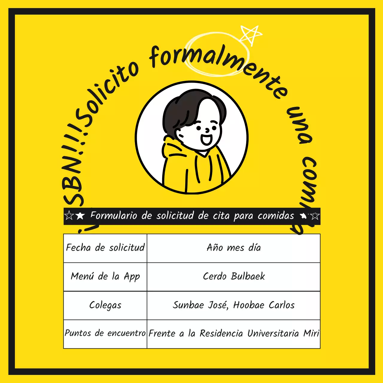 Un bonito, amarillo y divertido formulario de solicitud de comidas