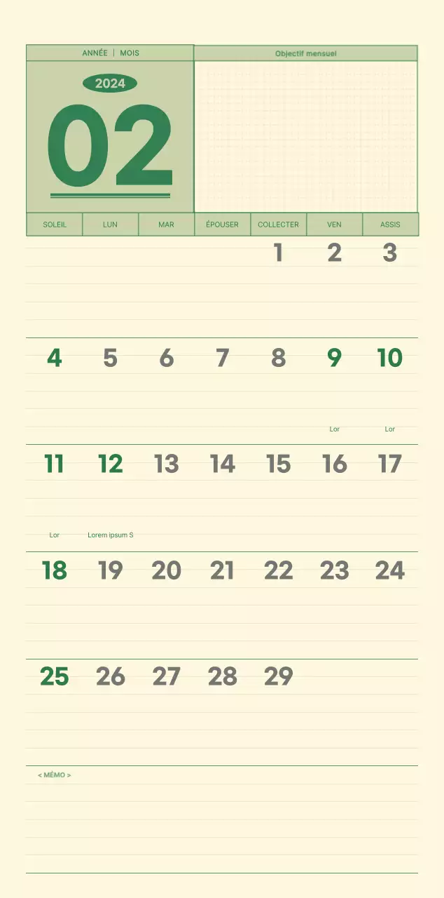 Calendrier mural SAT D-day notepad concept en vert et jaune clair