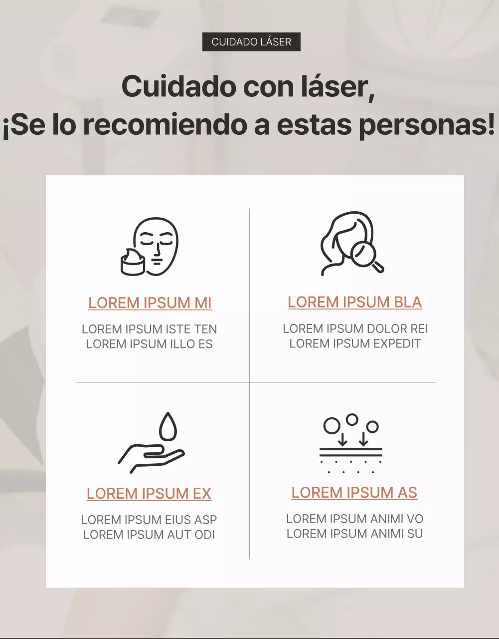Anuncio de promoción de procedimientos cosméticos dermatológicos en marrón y negro.