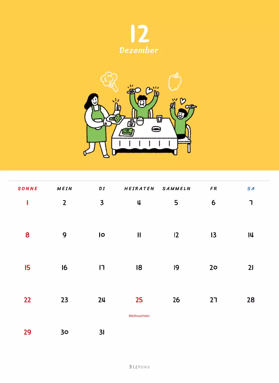 Neujahrskalender mit niedlichen Illustrationen