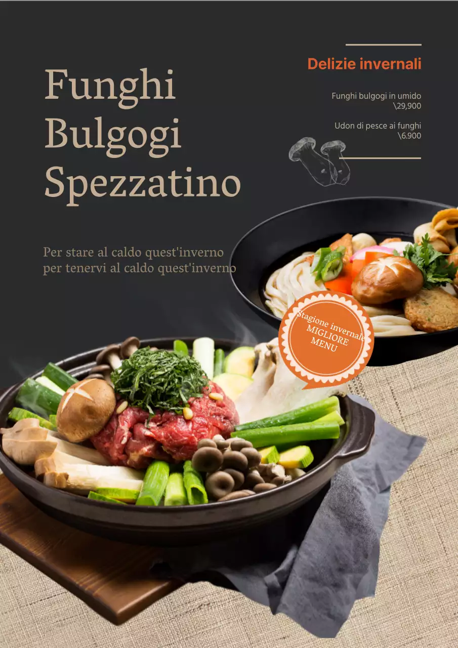 Promuovete le nuove voci del menu invernale con foto di cibo in nero e beige