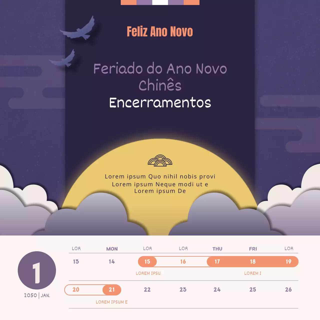 Aviso de férias do Ano Novo Lunar ilustrado a púrpura