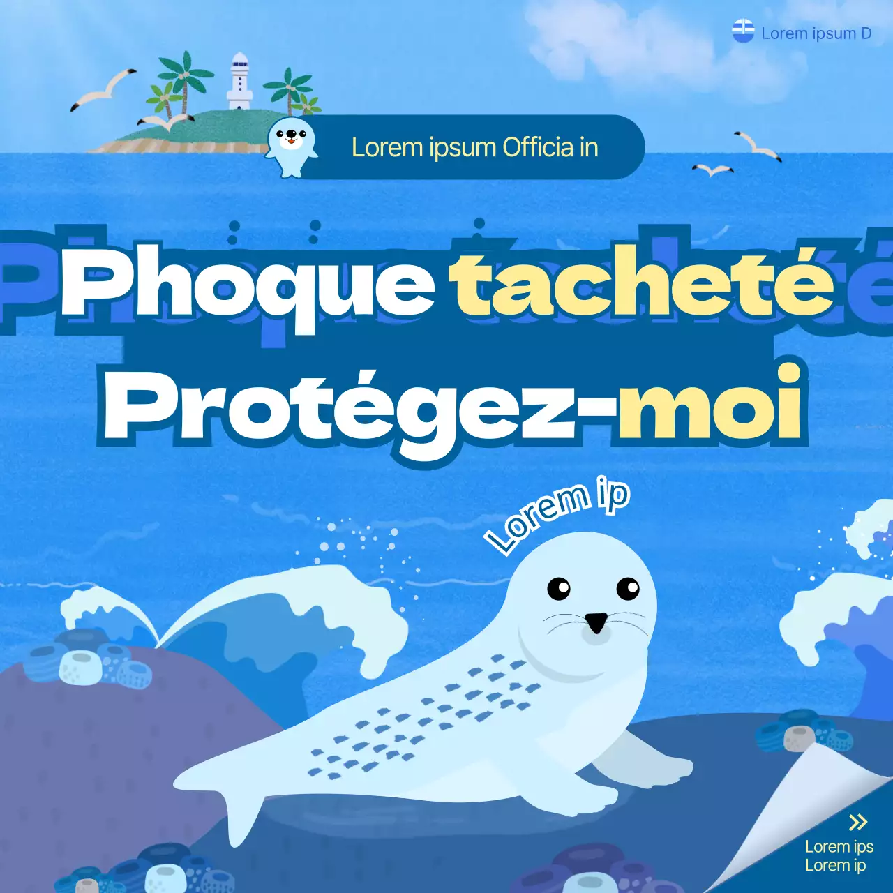 Illustration cool et mignonne sur fond d'océan bleu Conservation d'une créature marine menacée Phoque tacheté Médias sociaux