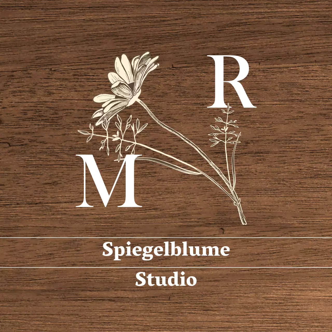 Vintage-inspiriertes Flower Studio-Schild mit weißem und elfenbeinfarbenem Text und floralen Illustrationen
