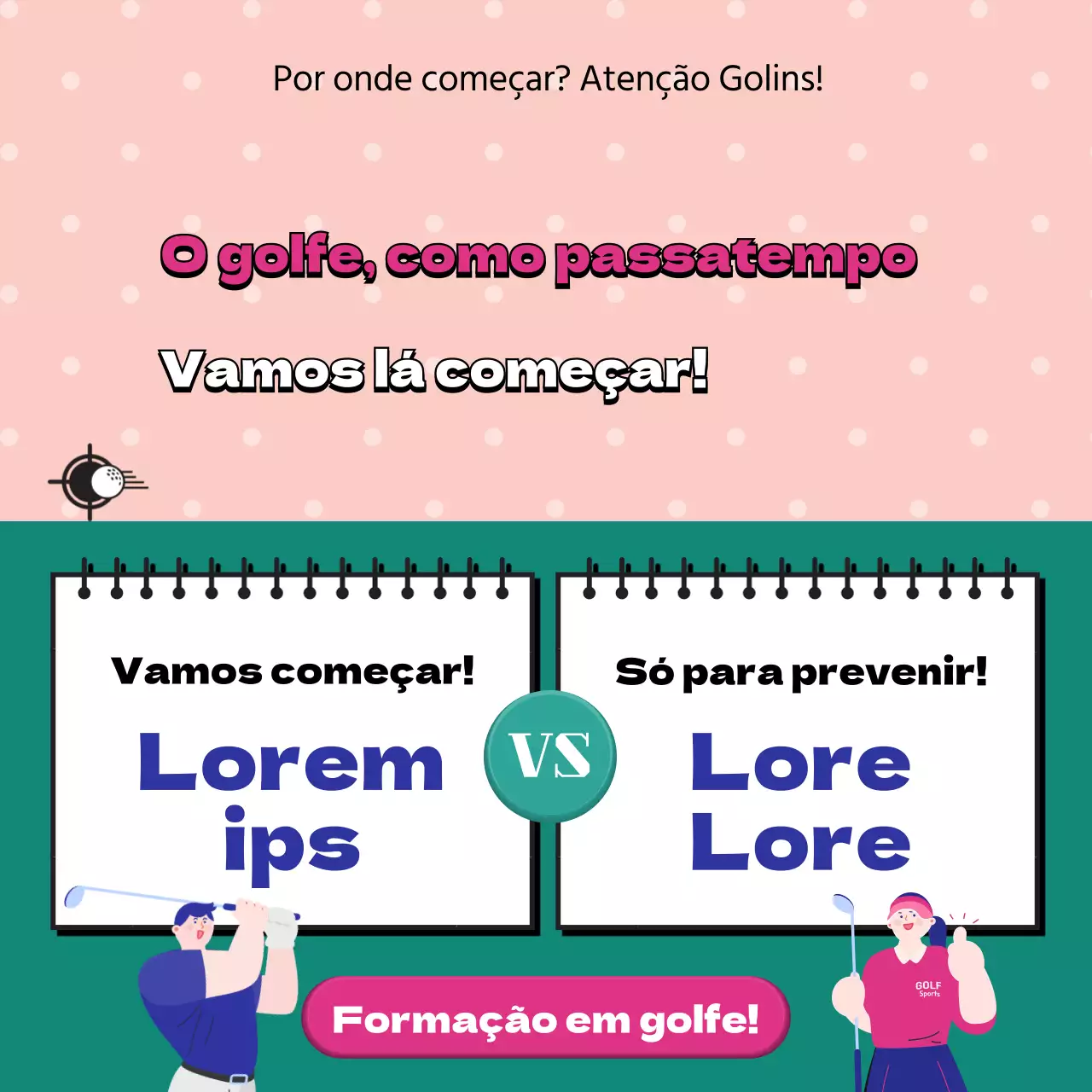 Feed do Instagram com um tema de ilustração de golfe cor-de-rosa e verde