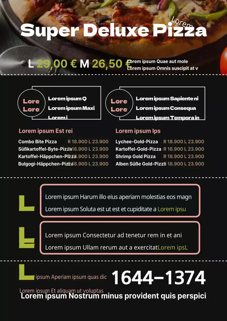 Menütisch mit einem schwarzen Pizzabild