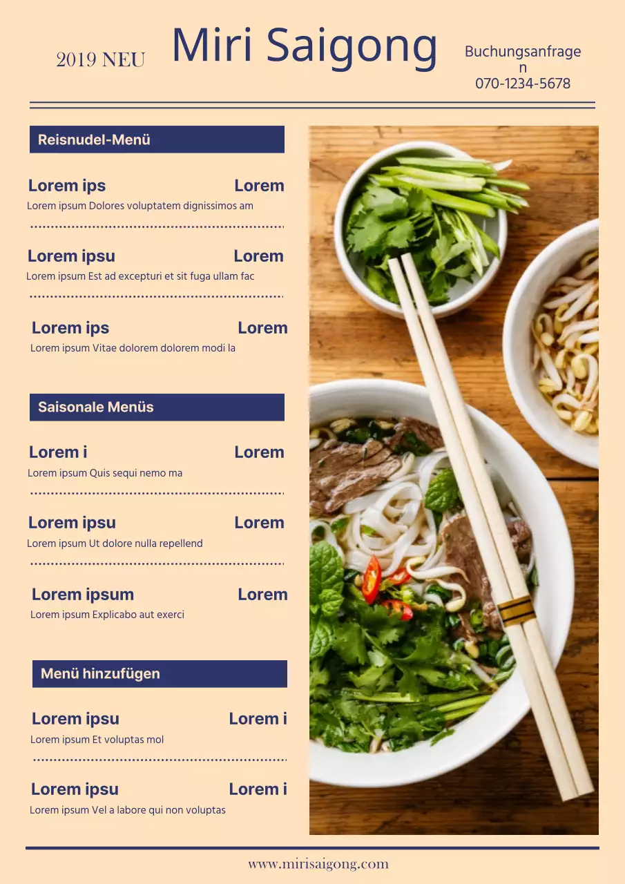 Werbung für die Speisekarte eines vietnamesischen Reisnudelrestaurants