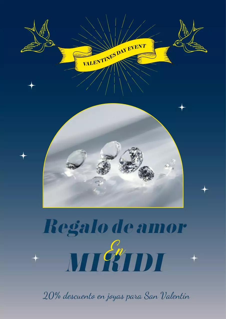 Cartel de joyería con un pájaro azul marino y amarillo sujetando un lazo