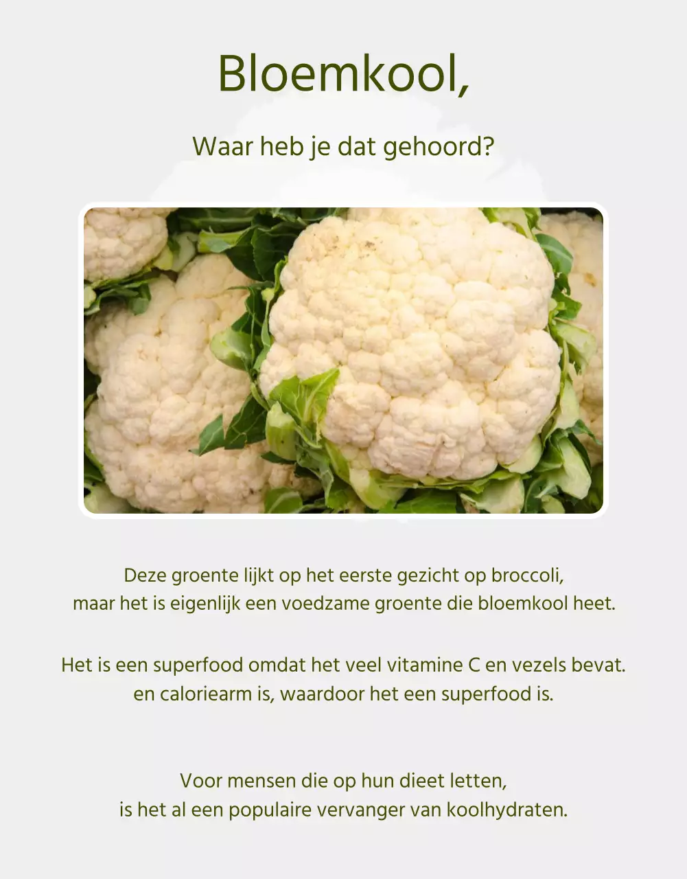 Bloemkool boerderij product beschrijving met een licht groene aquarel gevoel