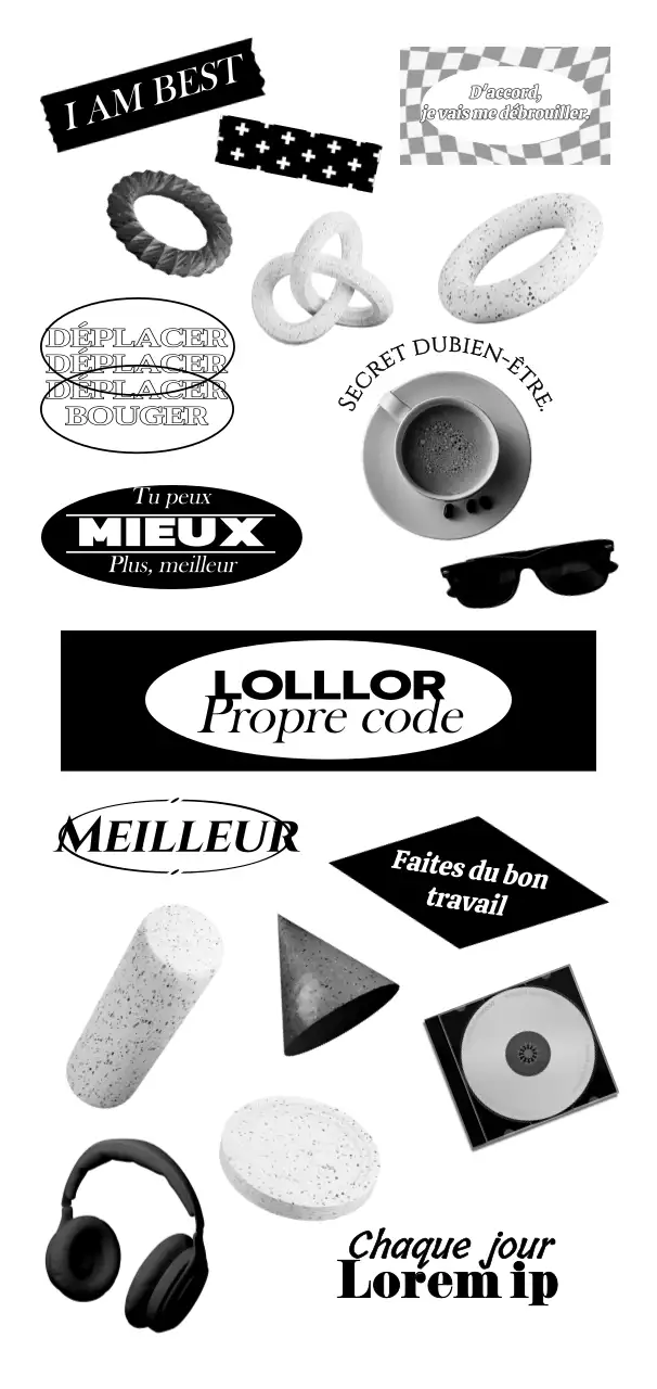 Divers objets et textes dans un concept hip en noir et blanc