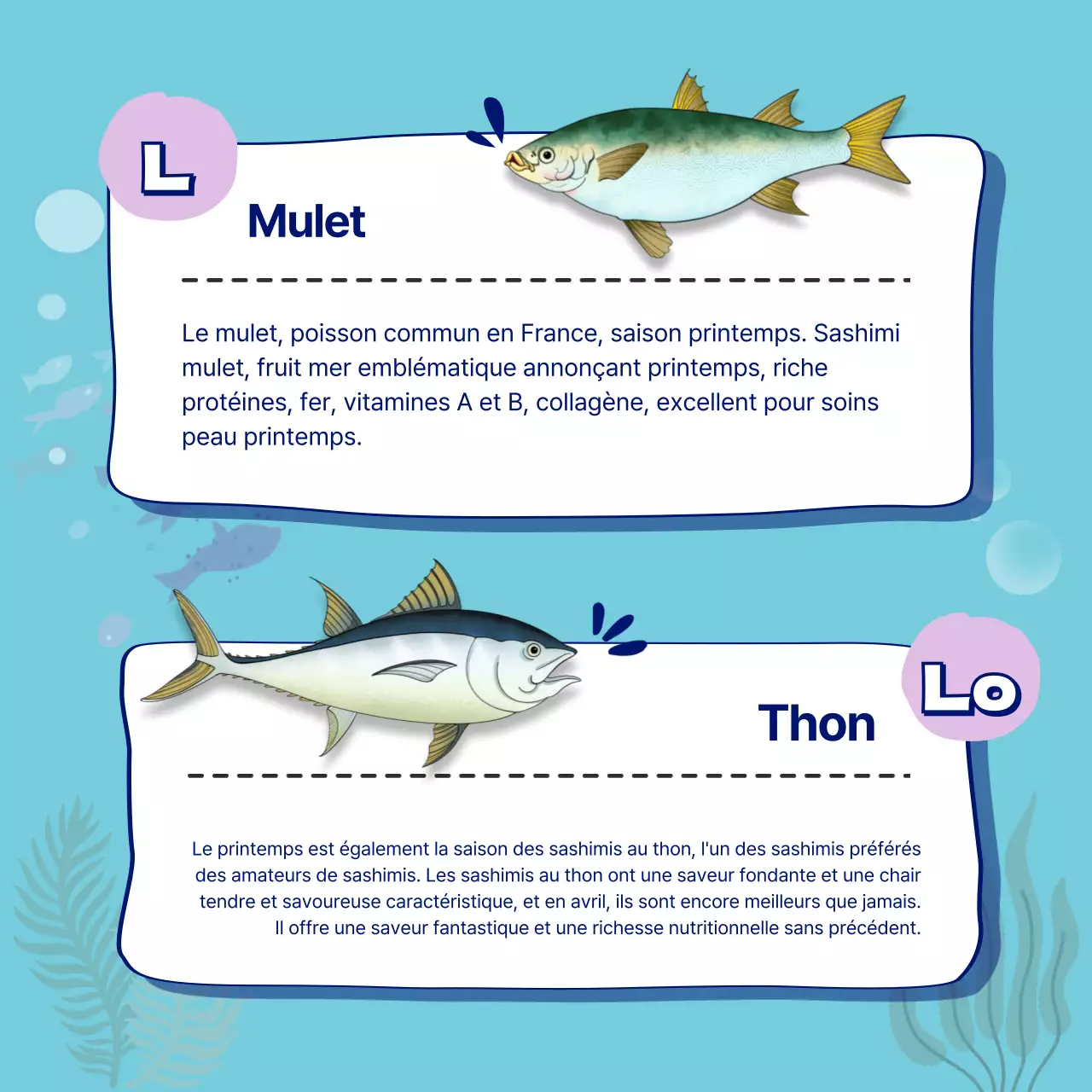 Un guide mensuel des sashimis de saison en bleu CardNews