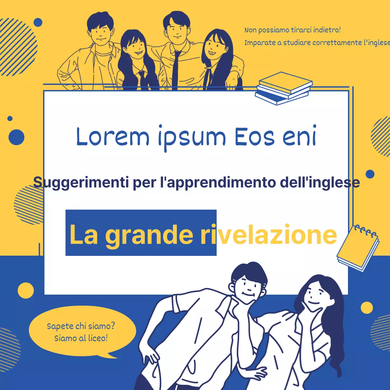 Semplice illustrazione a linee in giallo e blu per promuovere i consigli per l'apprendimento dell'inglese