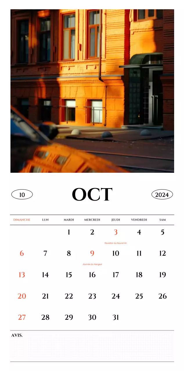 Calendrier mural de style simple avec concept de photographie de voyage émotionnelle en noir et blanc