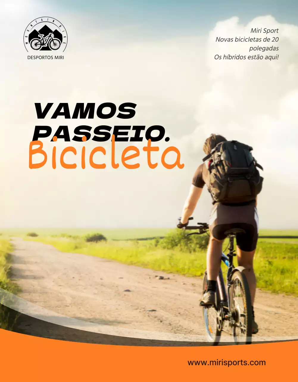 Promova a brilhante, arrojada e ativa bicicleta híbrida Mirisport em laranja e preto.