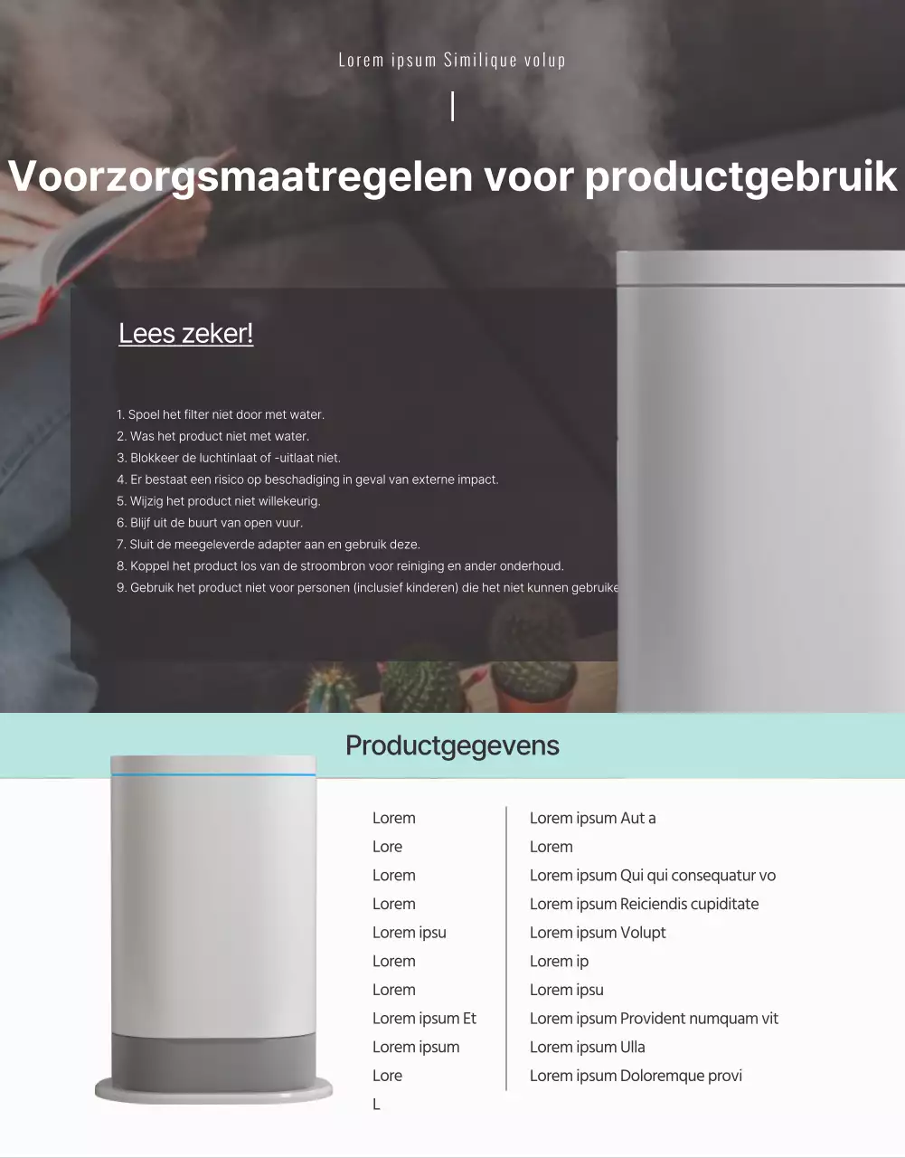 Productgids voor een eenvoudige ultrasone luchtbevochtiger in mintkleur