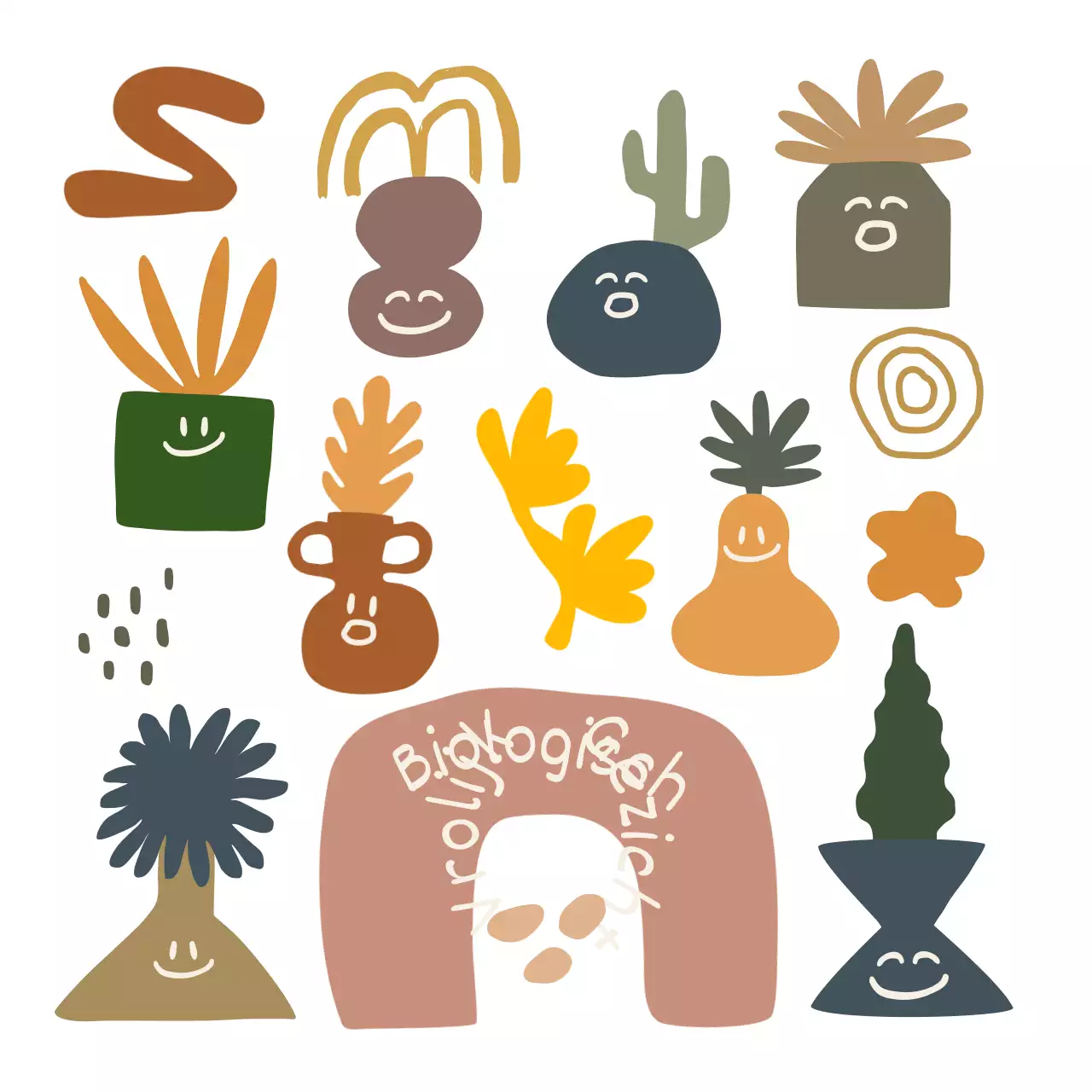 Organische minimalistische potfiguren en vormen met verschillende uitdrukkingen in gedempte kleuren