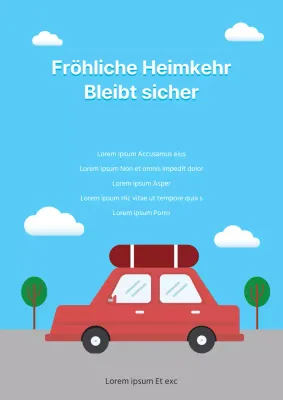 Urlaubskampagne zur Verkehrssicherheit mit blauer, klarer Himmelslandschaft und Autoillustrationen