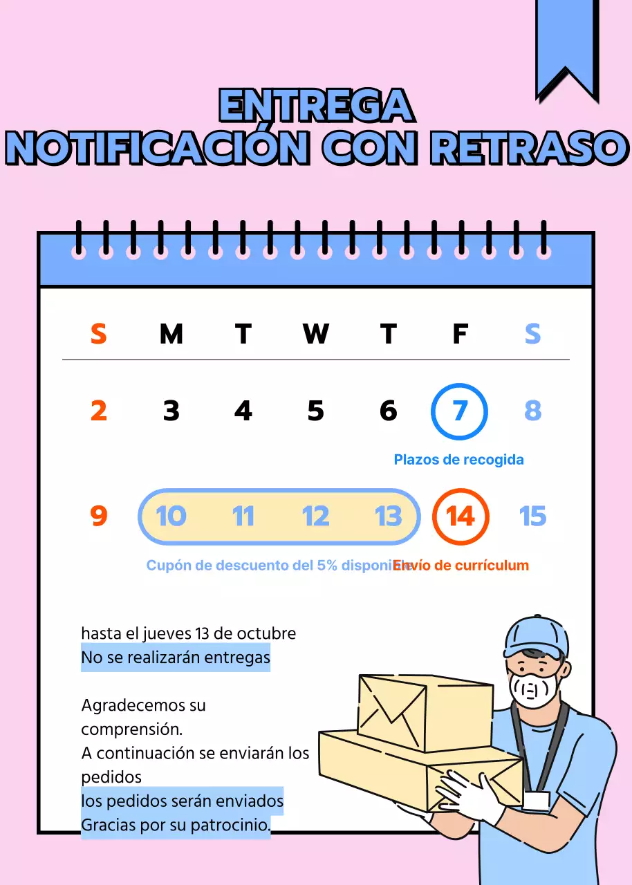 Aviso minimalista de retraso en la entrega de paquetes en rosa y azul claro