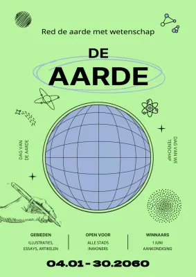 Promoot Wetenschapsdag met een handgetekende afbeelding van een blauwe cirkel op een limoengroene achtergrond.