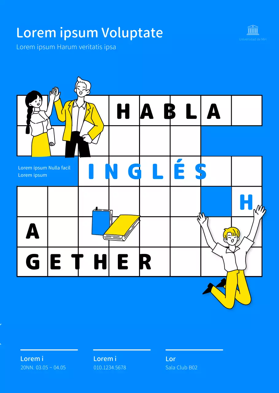 Diseño de reclutamiento para club de conversación inglés con ilustración lineal y combinación de colores azules