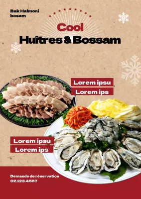 Promouvoir les menus des restaurants de yakisoba et d'okonomiyaki avec des photos d'aliments rouges et beiges