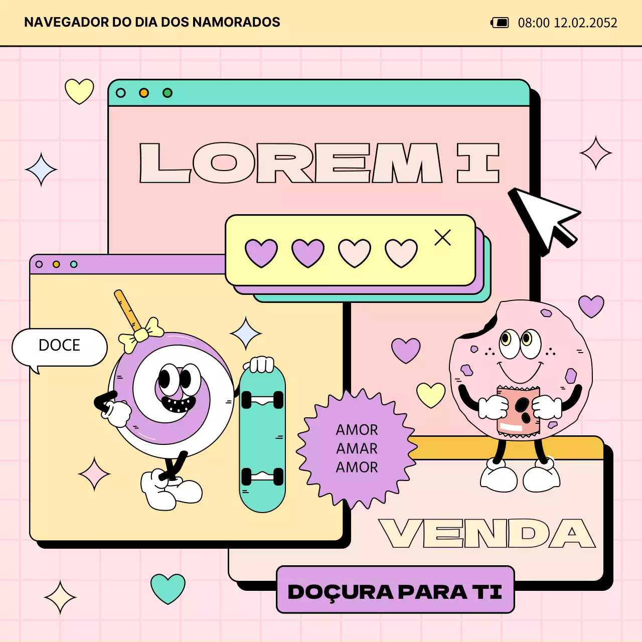 Promover um evento de venda kitsch do Dia Branco em cor-de-rosa e amarelo