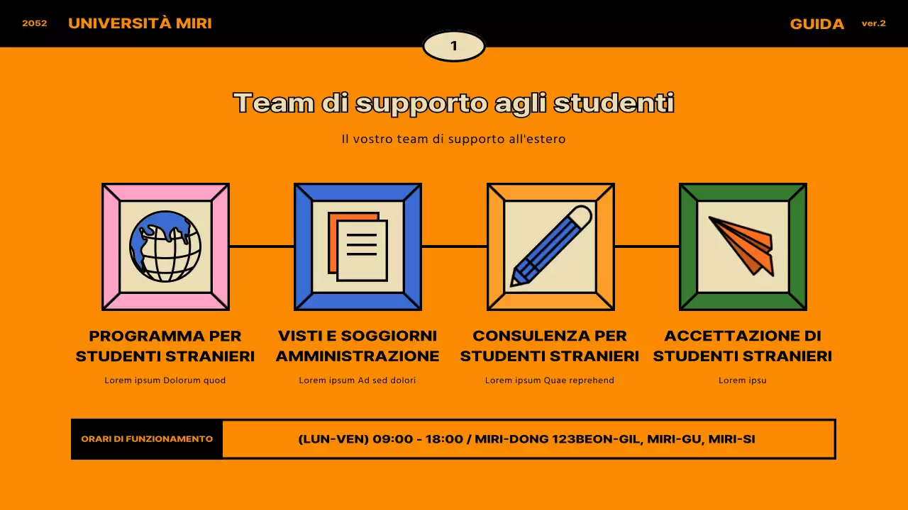 Concetto vintage in blu e arancione per l'orientamento degli studenti internazionali