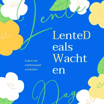 Promoot winkelen in de lente met een illustratie van gele kersenbloesem op een blauwe achtergrond