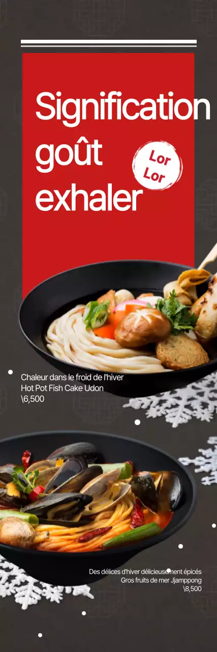 Promotion d'un plat de nouilles chaudes d'hiver avec une illustration de cristal de neige rouge