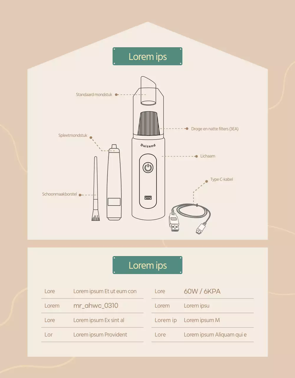 Introductie van een eenvoudige, moderne handstofzuiger in bruin- en beigetinten