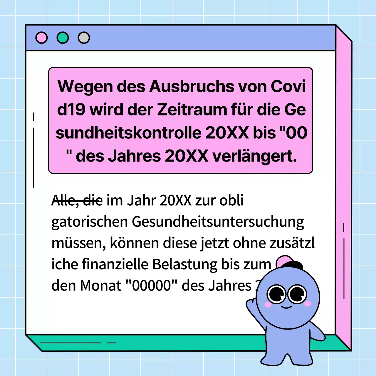 Rosa und grüner Hinweis auf die Verlängerung der Gesundheitsprüfung auf der Webseite