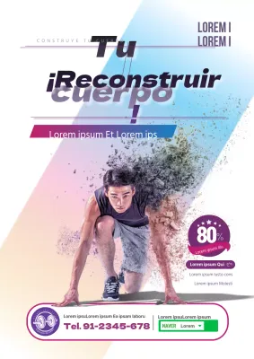 Folleto promocional de un evento de fitness en color morado y blanco