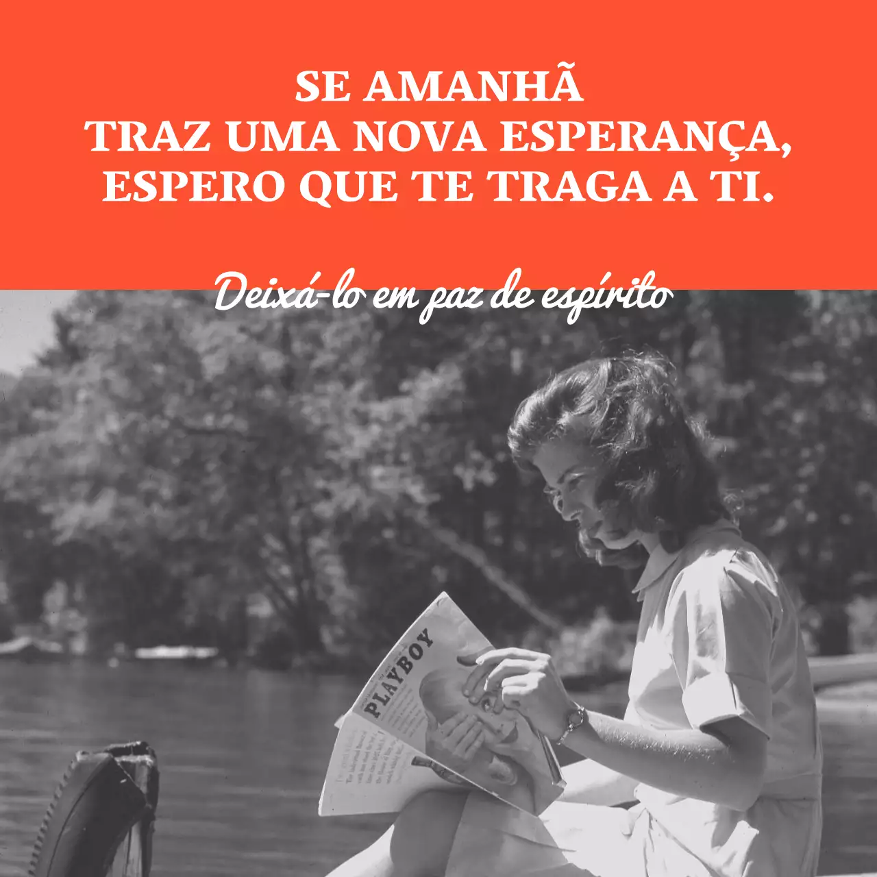 Mercadoria sentimental com uma fotografia vintage a preto e branco de uma mulher vestida de laranja.