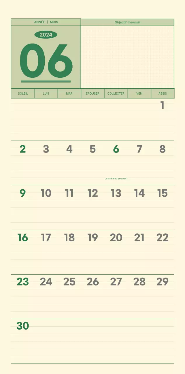 Calendrier mural SAT D-day notepad concept en vert et jaune clair