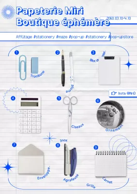 Papeterie branchée blanche et bleue Matériel promotionnel pour pop-up store