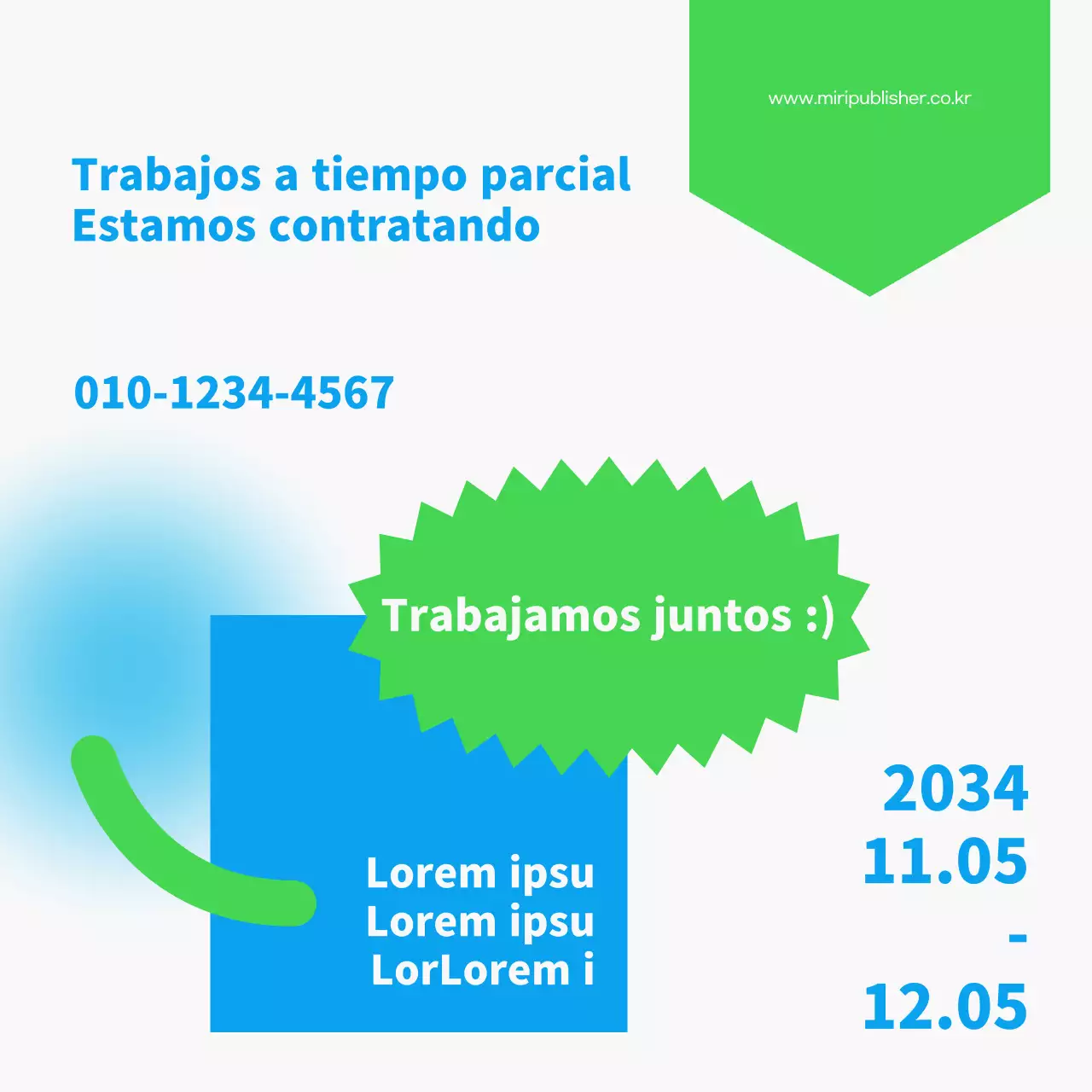 Ofertas de empleo a tiempo parcial en dos tonos de azul claro y chartreuse