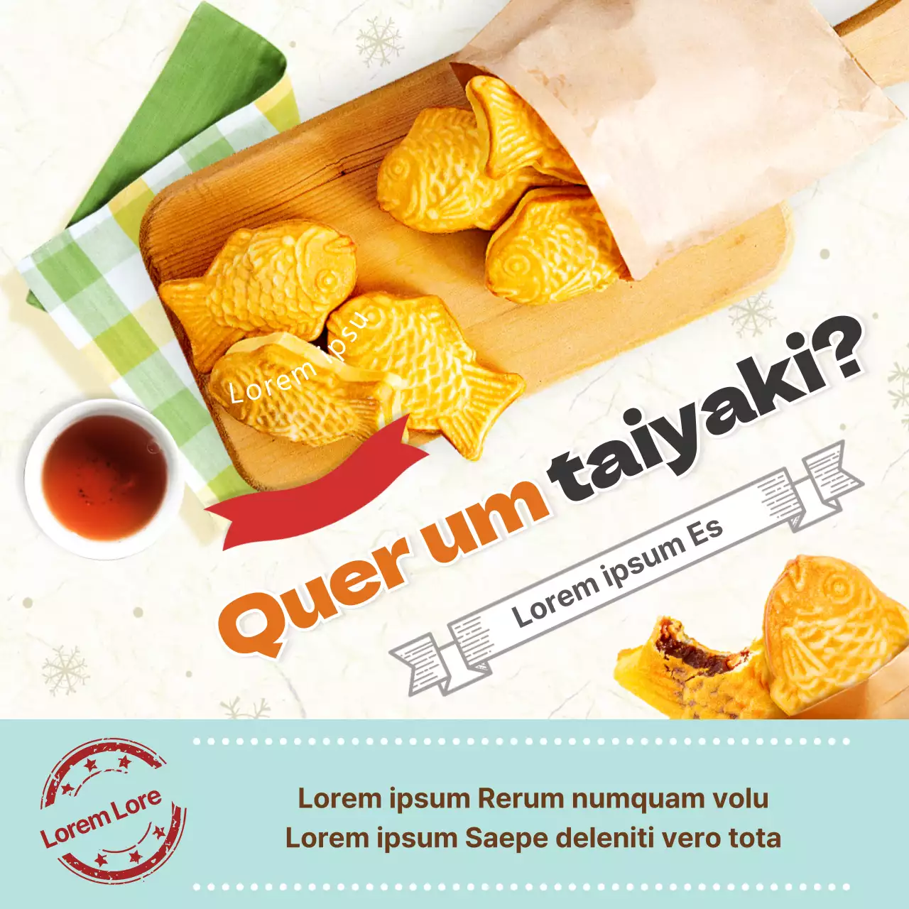 Tema de comida de inverno taiyaki azul claro e amarelo