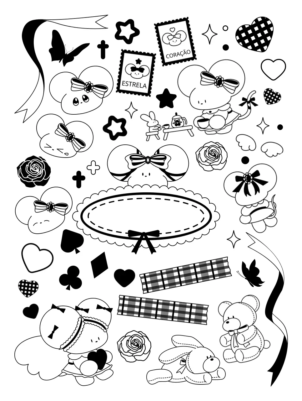 Personagens e decorações de ratos bonitos e fofinhos a preto e branco