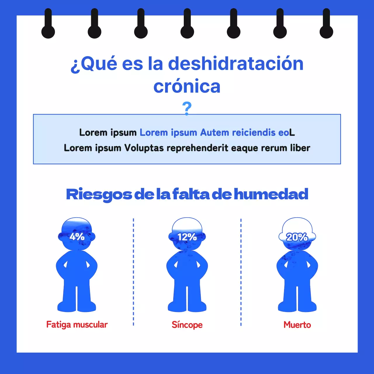Información sobre la deshidratación crónica en formato de cuaderno con simpáticas y sencillas ilustraciones en azul y azul claro.