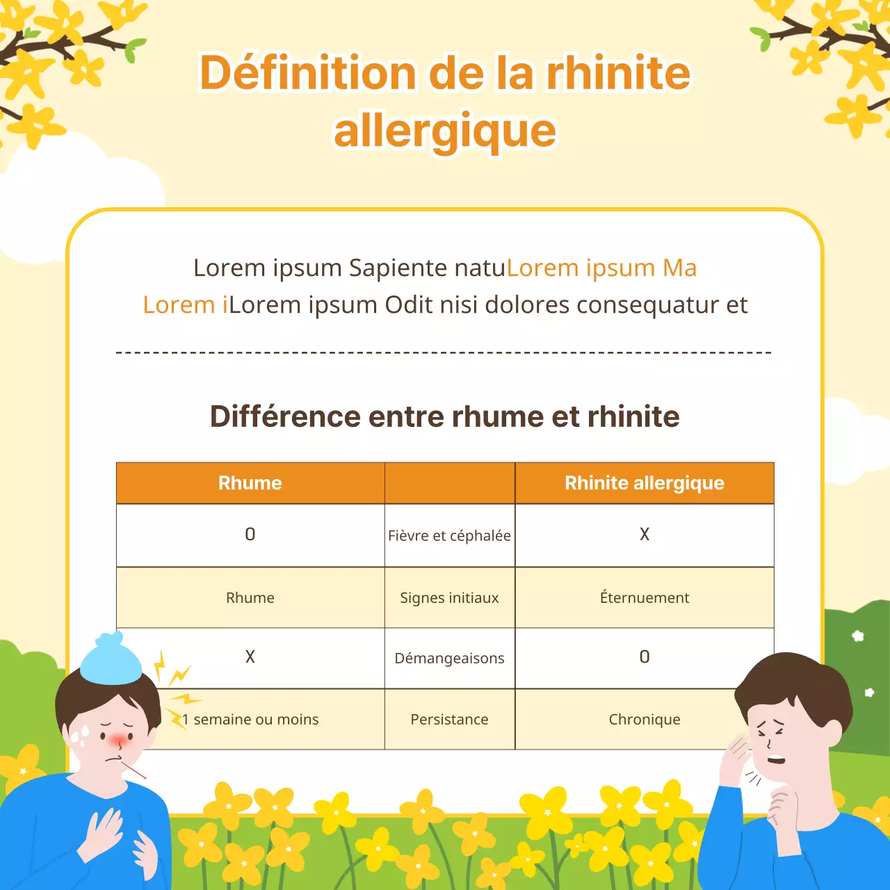 Une illustration printanière, fraîche et chaleureuse, dans les tons pastels jaune et chartreuse, pour aider à prévenir la rhinite allergique pendant la saison printanière.