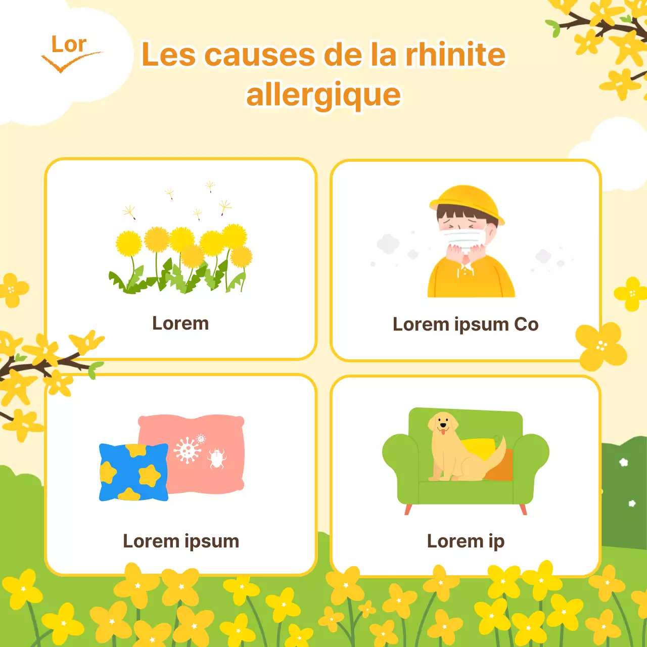 Une illustration printanière, fraîche et chaleureuse, dans les tons pastels jaune et chartreuse, pour aider à prévenir la rhinite allergique pendant la saison printanière.