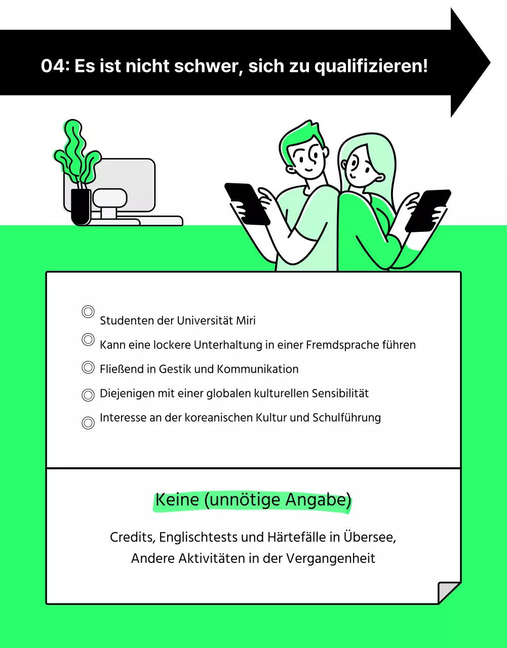 Erläuterung der Anwerbung internationaler Studenten in weißer und schwarzer Schrift