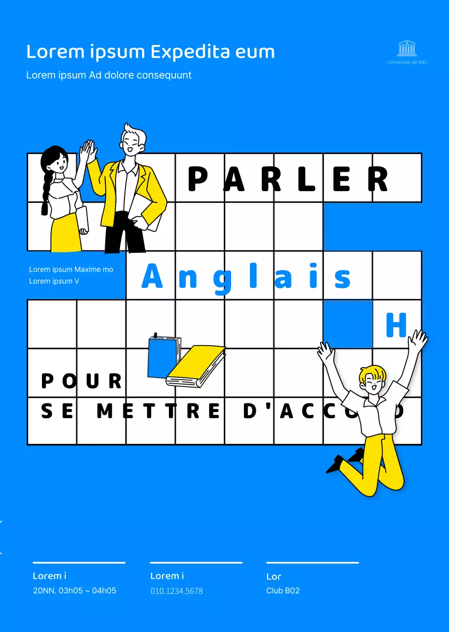 Conception du recrutement d'un club de conversation anglaise avec illustration au trait et palette de couleurs bleues