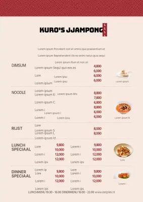 Chinees restaurantmenu met traditionele rode patronen en foto's van gerechten