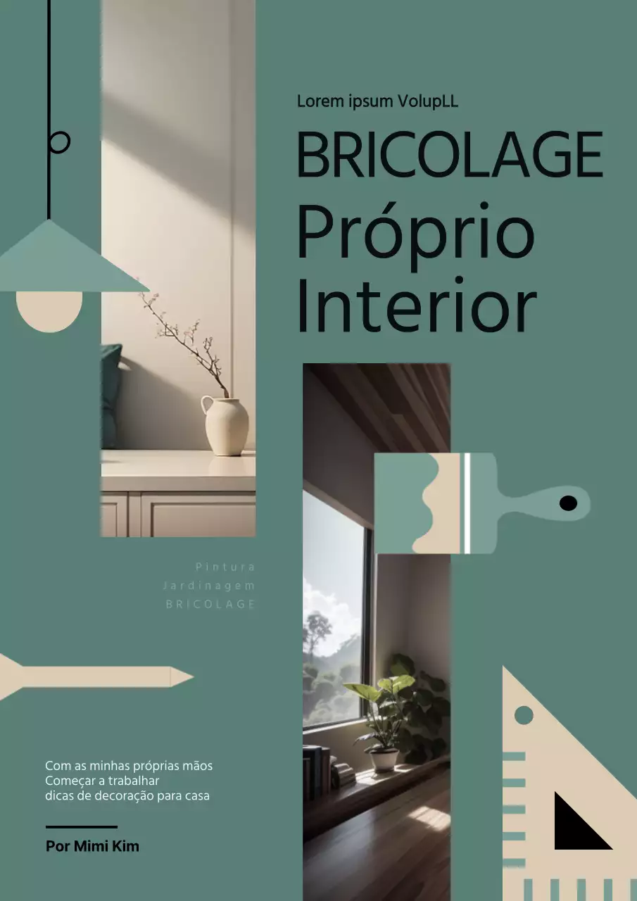 Livro interior com molduras verdes e bege e ilustrações de ferramentas interiores