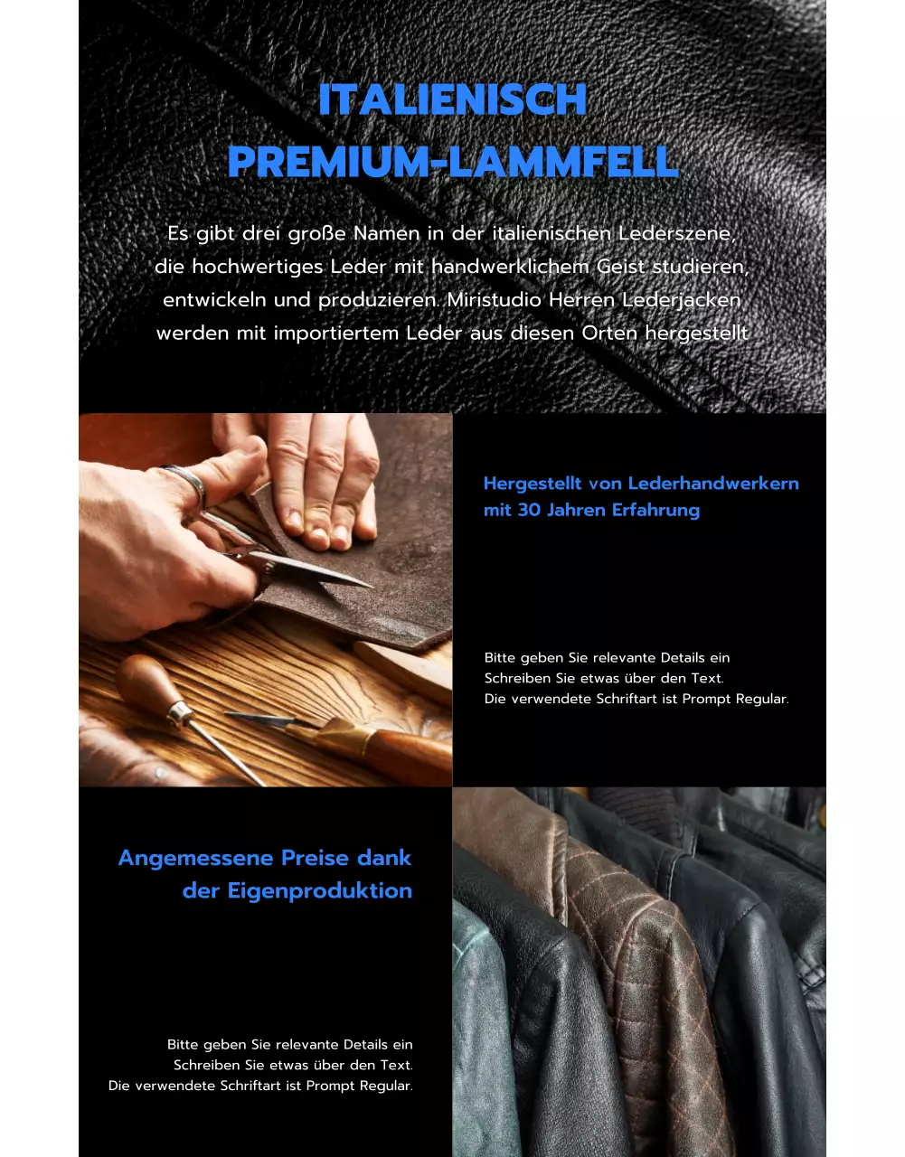 Lederjacken-Shop mit schwarzem und blauem Bild-Layout